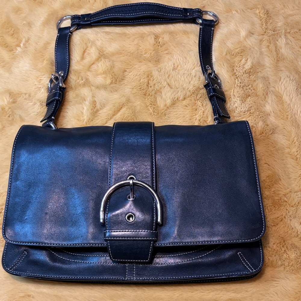 Coach Black Leather Shoulder Bag—Style 9741– with Buckle Flap & Adjustable Strap